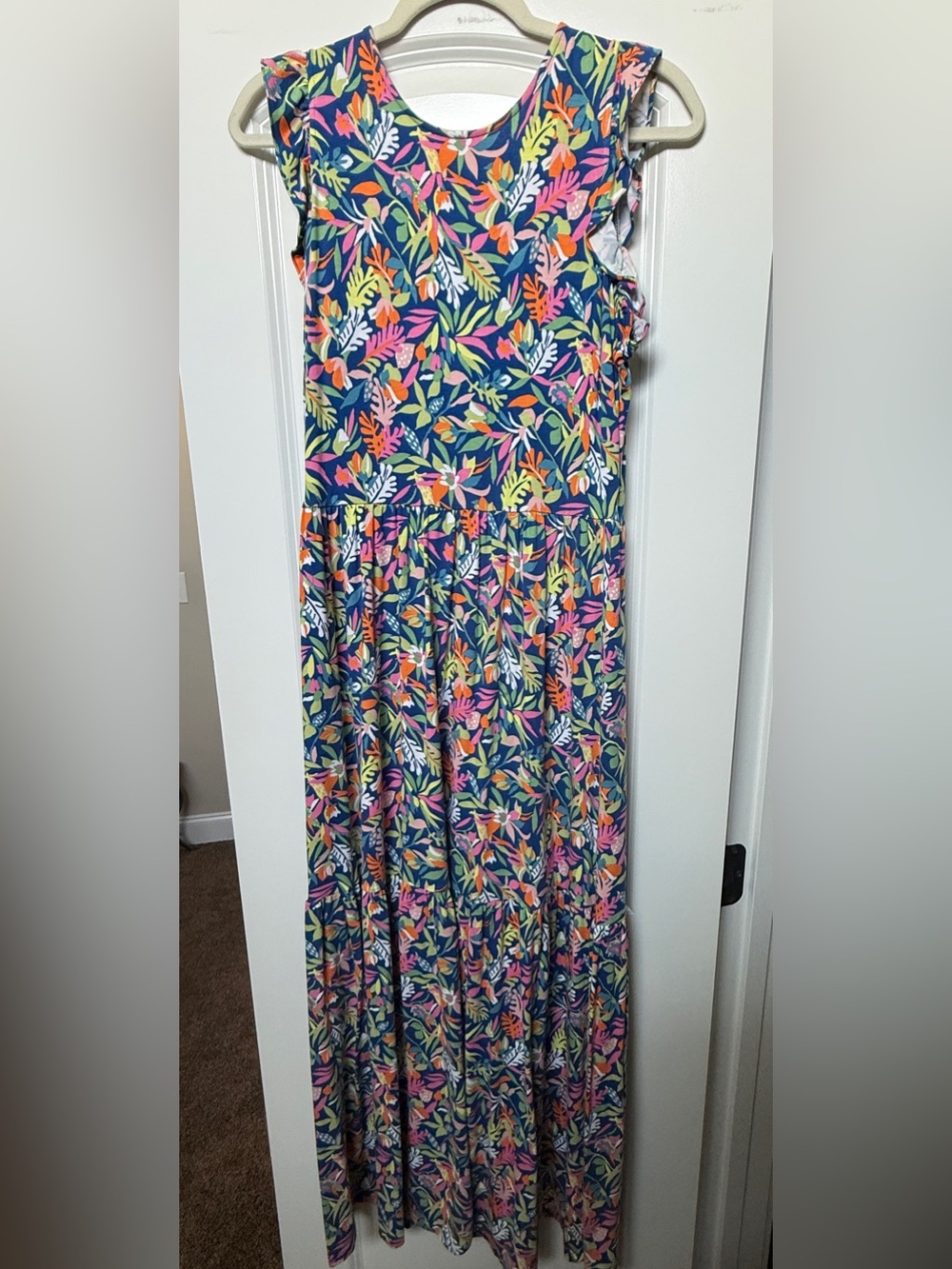LOFT Navy Maxi Skirt with Bright Tropical Leaf Print